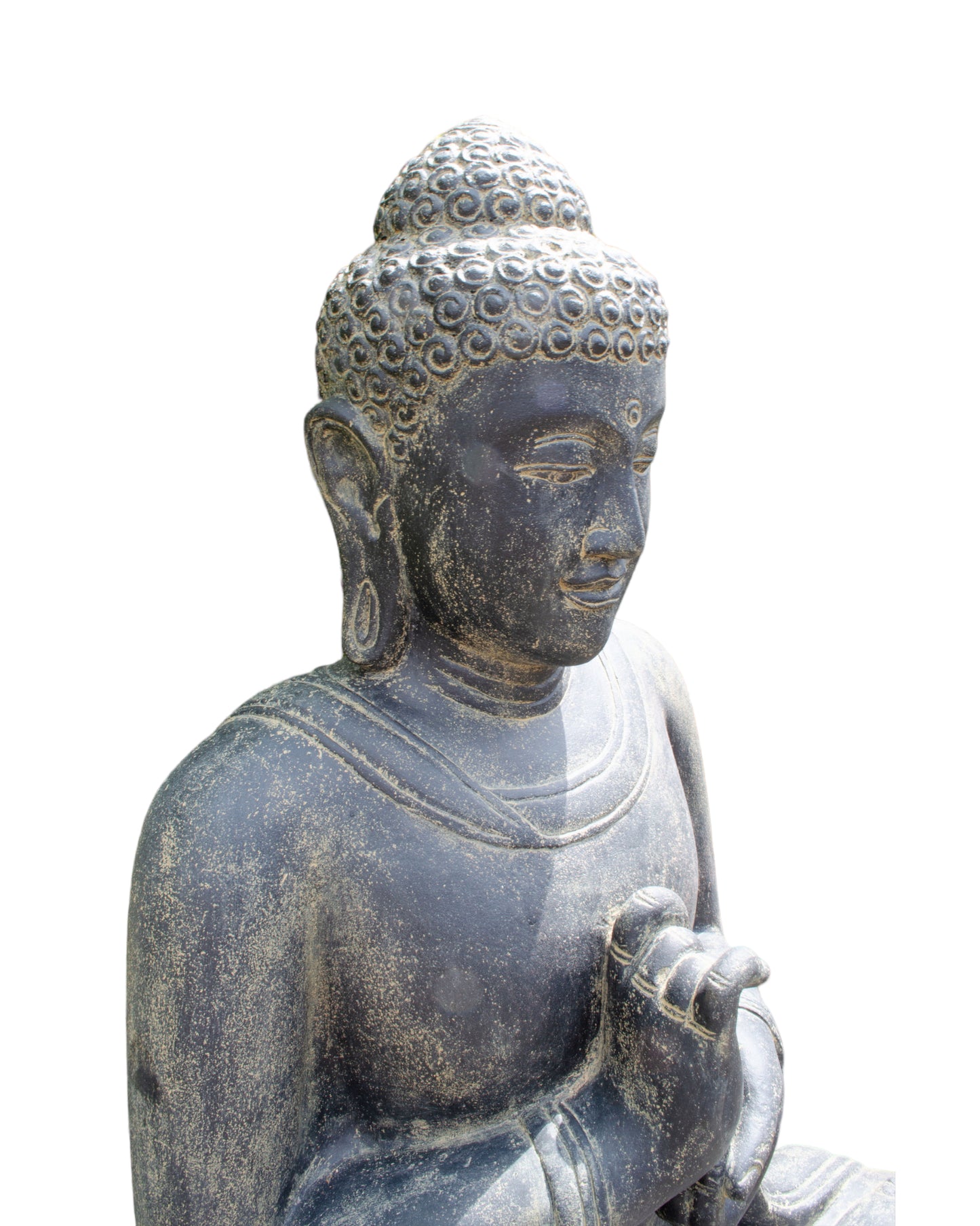 Wetterfeste Buddha Stein Statue, 150cm - Harmonisierende Skulptur für Außenbereich aus Lavasand Steingemisch