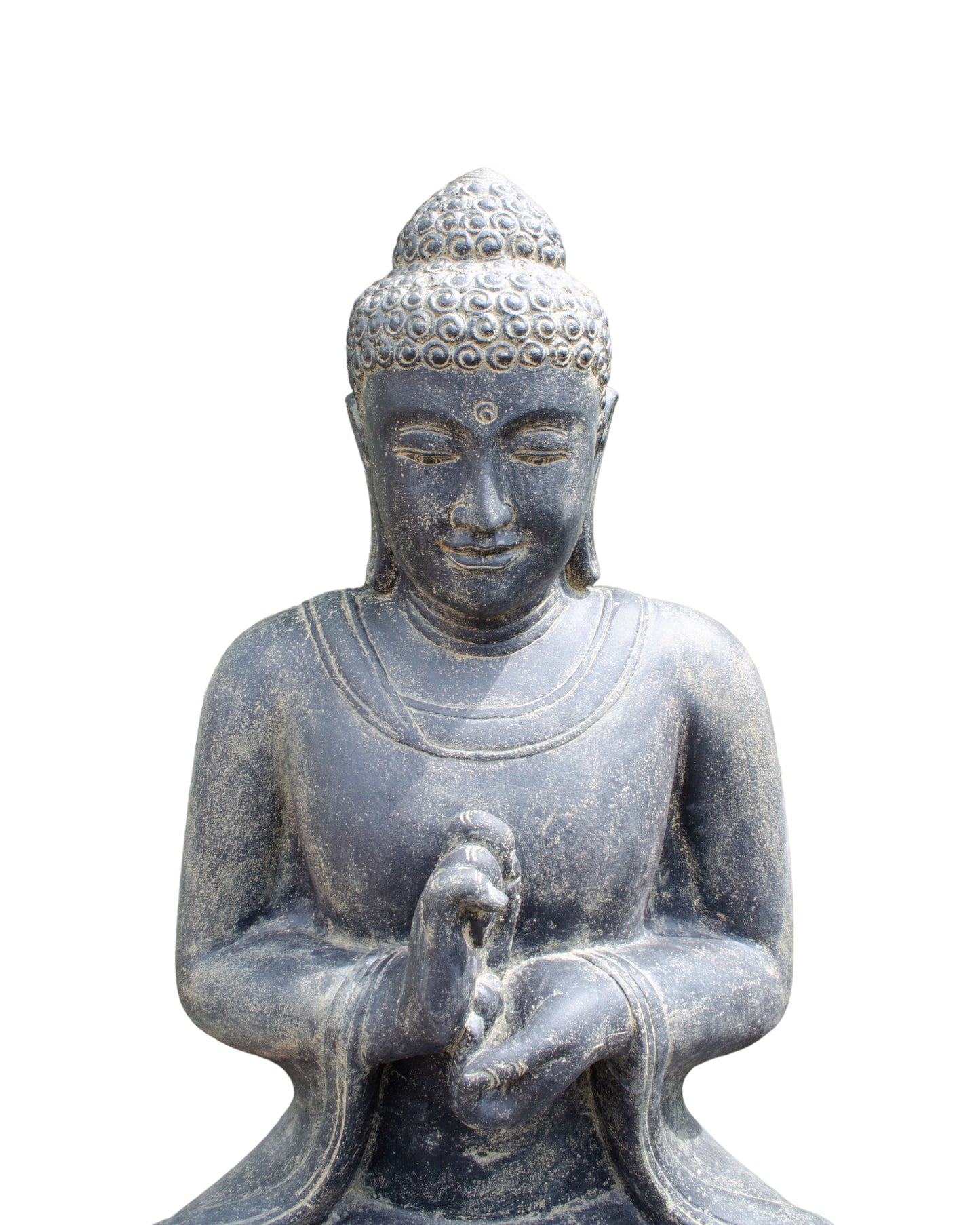 Wetterfeste Buddha Stein Statue, 150cm - Harmonisierende Skulptur für Außenbereich aus Lavasand Steingemisch