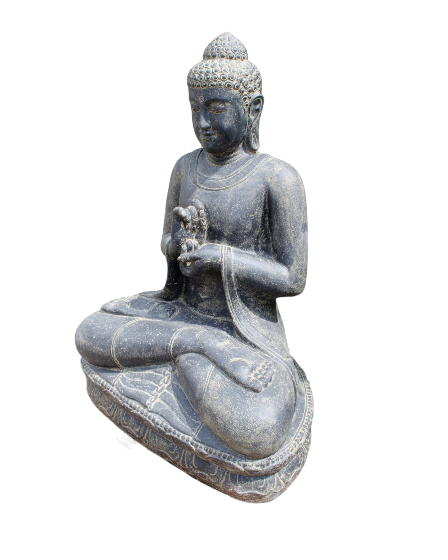 Wetterfeste Buddha Stein Statue, 150cm - Harmonisierende Skulptur für Außenbereich aus Lavasand Steingemisch