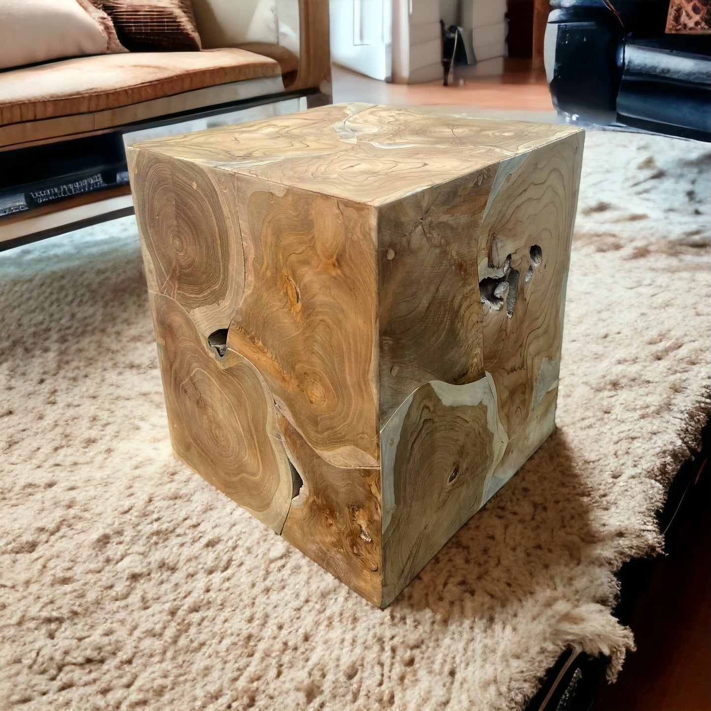 Handgefertigter Beistelltisch aus natürlichem Holzmosaik - Vielseitig als Couchtisch, Nachttisch, Hocker oder Pflanzenhocker nutzbar