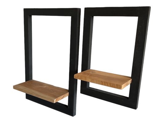 Holz Hängeregal - Wandregal Ablage Regal - Modern mit schwarzem Rahmen und naturbrauner Abstellfläche - 2er-Set