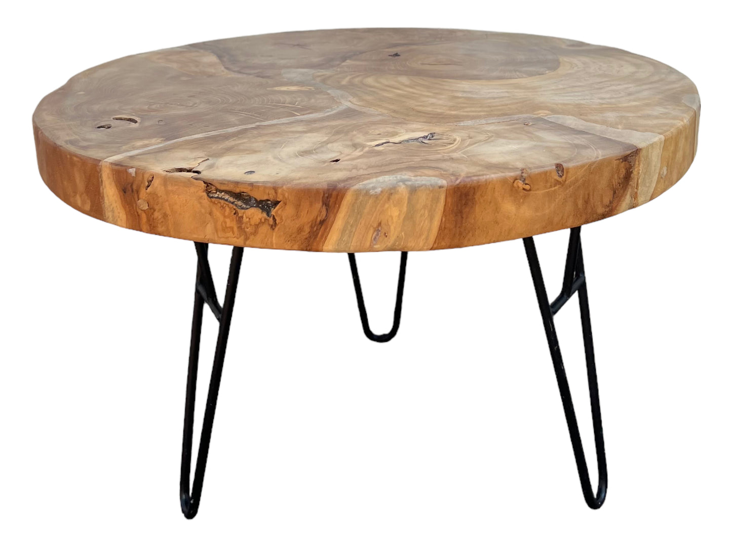 Runder Beistelltisch aus Holz und Metall: Natürlicher Stil trifft auf modernes Design