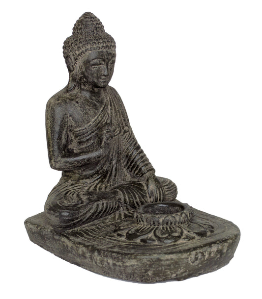 Buddha Sitzend - Teelicht Deko Kerzenhalter - Gegossene Stein Figur - Lava-Sand Steingemisch - 25x20x22 cm