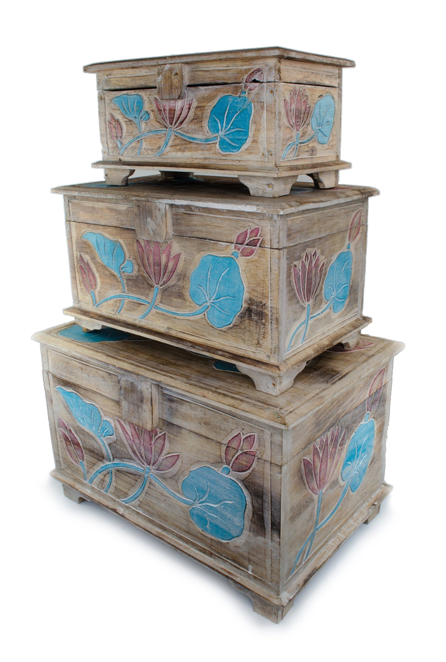 Holztruhe Blume Verzierung - Schatztruhe Schatzkiste Holzbox Schnitzerei Türkis Rot