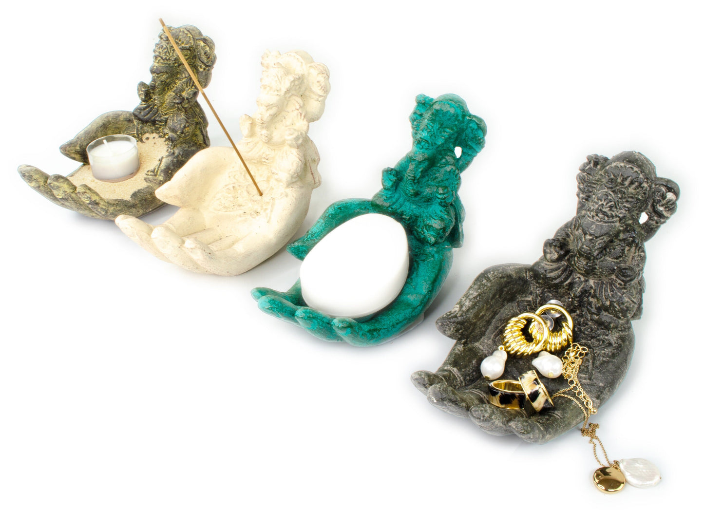 Ganesha Stein Hand Skulptur Figur Räucherstäbchenhalter Elefant ca. 15cm Grün Dekoration