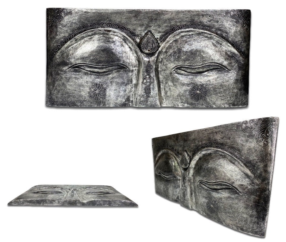 Buddha Relief Wandbild Augen 78x40x4 cm Holz Silber