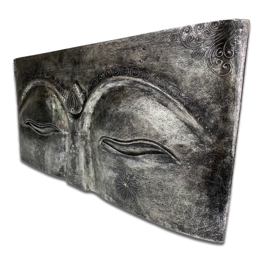 Buddha Relief Wandbild Augen 78x40x4 cm Holz Silber