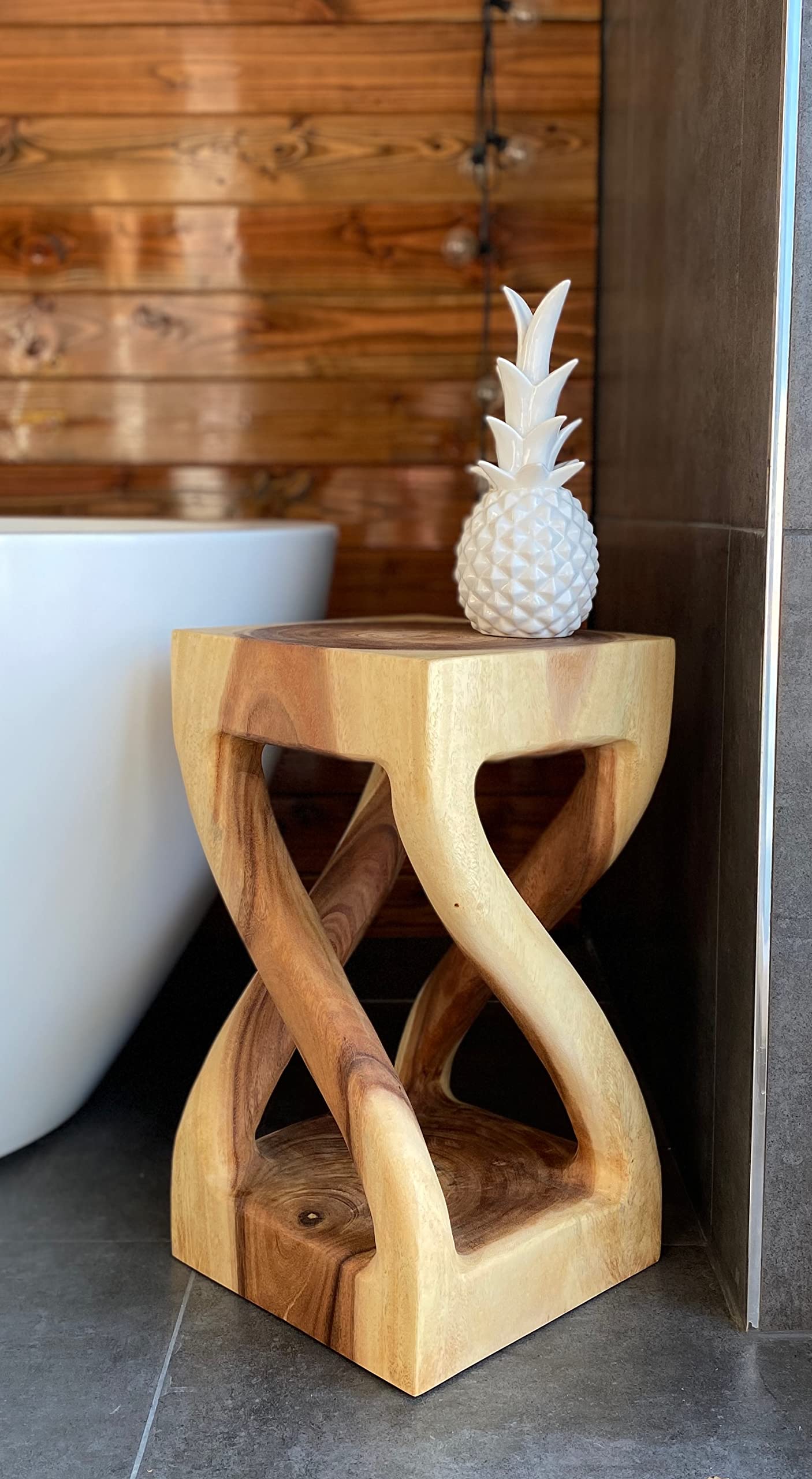 Beistelltisch Holz - Holzhocker Gedreht (50x28x28cm) - Holz Hocker aus massivem Suarholz - Handgefertigter Beistelltisch aus Holz - Vielseitiger Holz Couchtisch in Premiumqualität