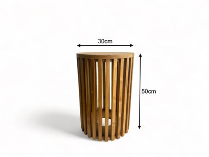 Teakholz-Beistelltisch - Holzhocker Couchtisch - Handgefertigt aus Massivholz – Holzleisten Rund - 50x30x30 cm