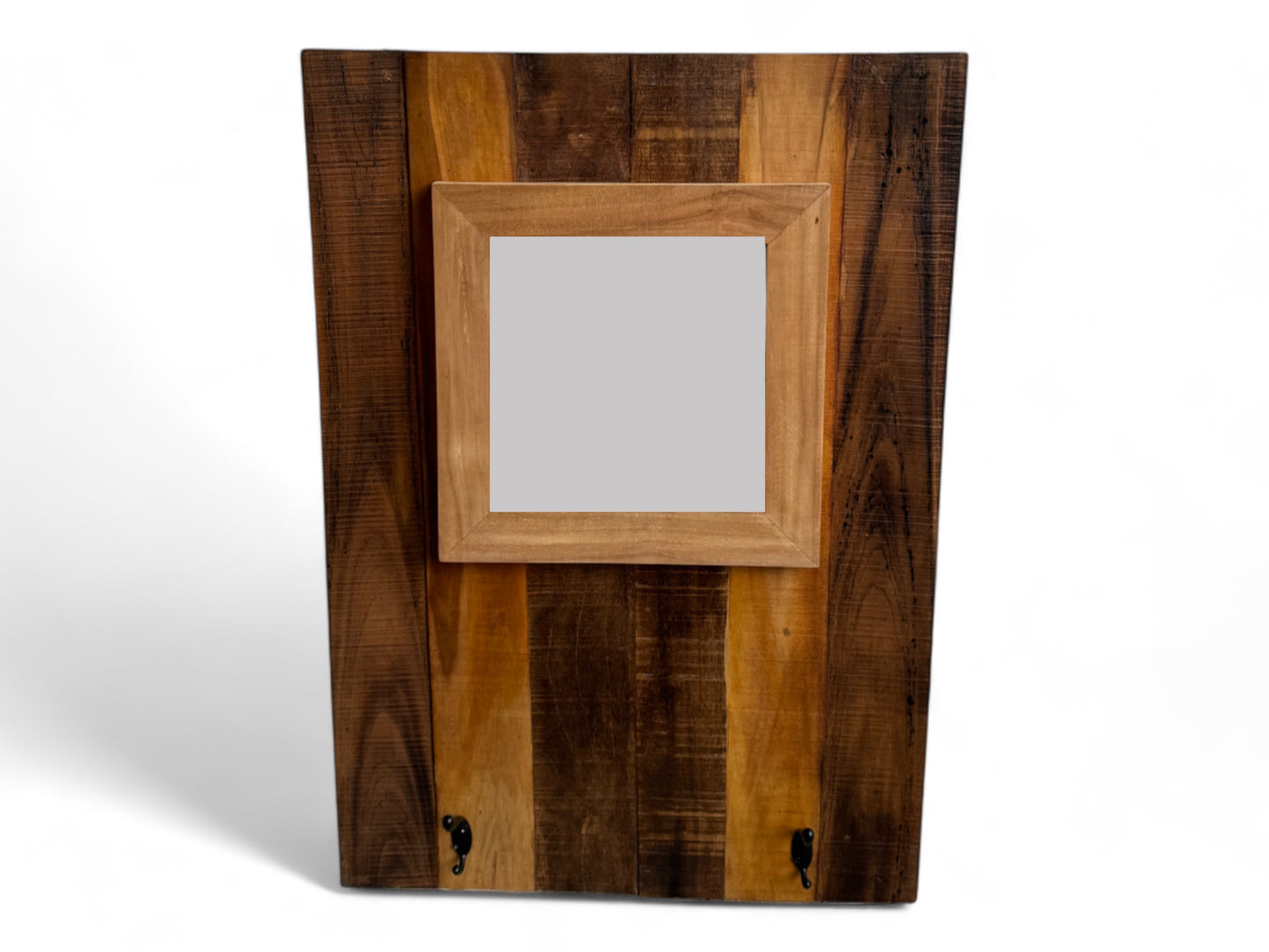 Wandgarderobe mit Spiegel - Integrierter Spiegel mit Zwei Haken – Modern aus Mahagoni und Teakholz – 70x50 cm