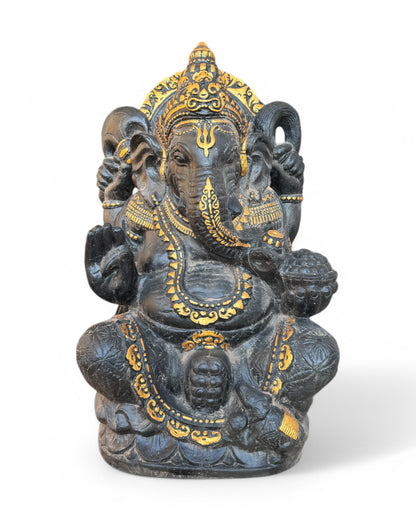 Ganesha Skulptur - Deko Garten Statue - Hindu Gottheit des Glückes - Betonguss Elefant Schwarz Gold - 80x50x41 cm