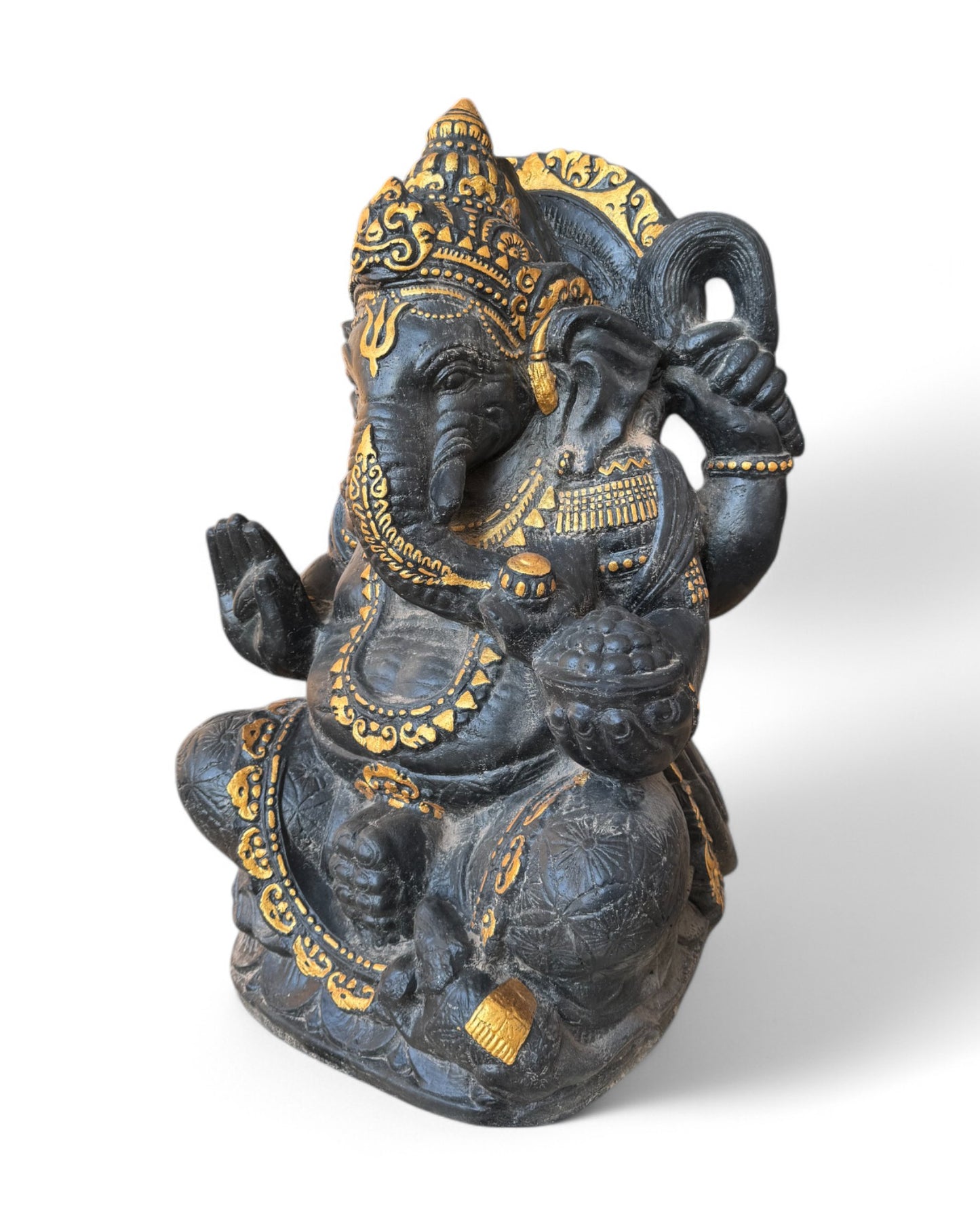 Ganesha Skulptur - Deko Garten Statue - Hindu Gottheit des Glückes - Betonguss Elefant Schwarz Gold - 80x50x41 cm