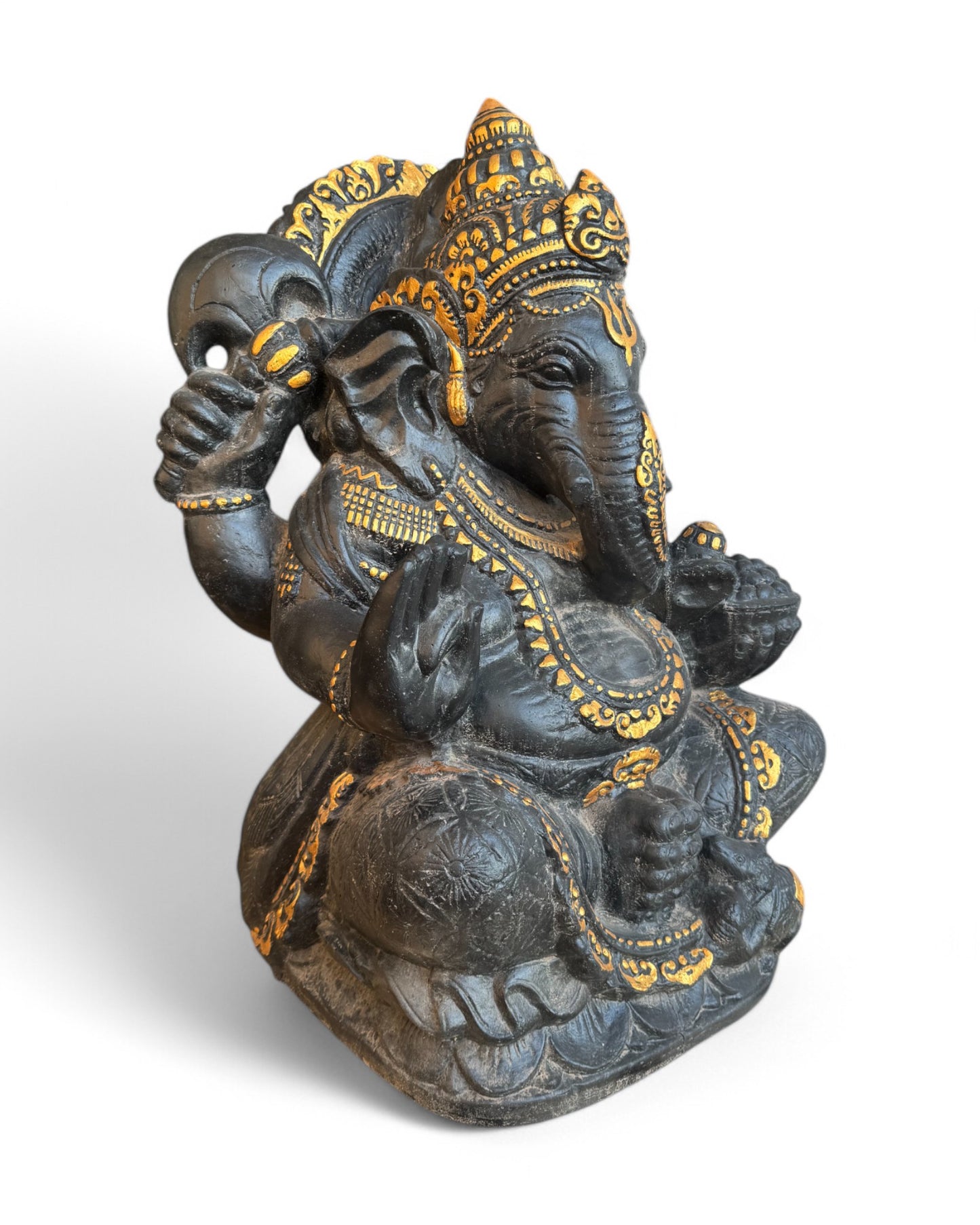 Ganesha Skulptur - Deko Garten Statue - Hindu Gottheit des Glückes - Betonguss Elefant Schwarz Gold - 80x50x41 cm