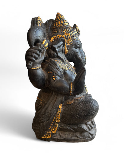 Ganesha Skulptur - Deko Garten Statue - Hindu Gottheit des Glückes - Betonguss Elefant Schwarz Gold - 80x50x41 cm