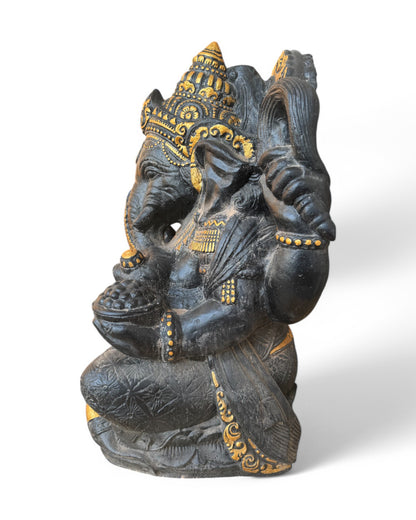 Ganesha Skulptur - Deko Garten Statue - Hindu Gottheit des Glückes - Betonguss Elefant Schwarz Gold - 80x50x41 cm