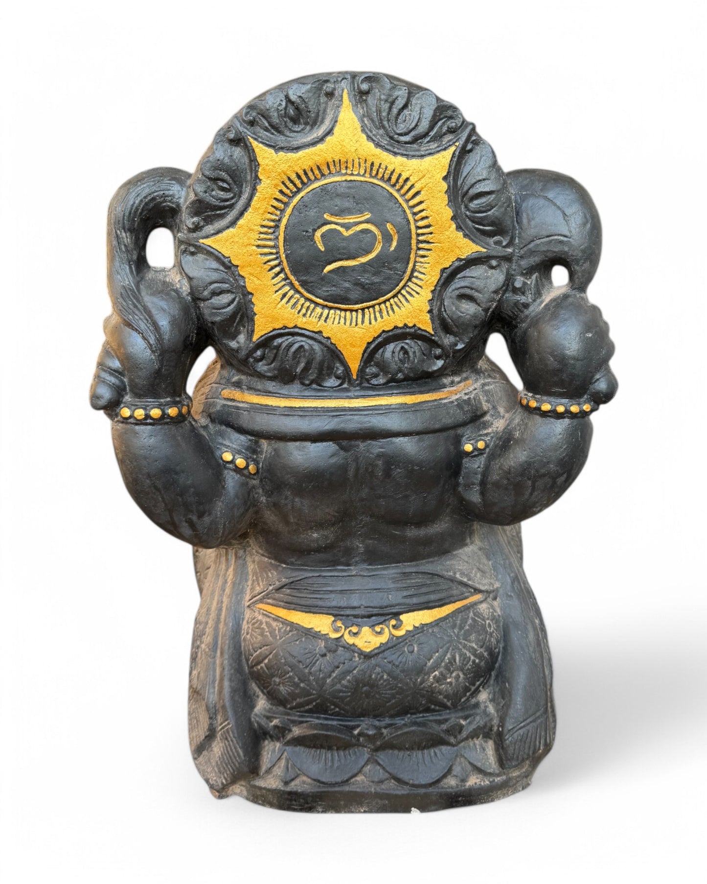 Ganesha Skulptur - Deko Garten Statue - Hindu Gottheit des Glückes - Betonguss Elefant Schwarz Gold - 80x50x41 cm