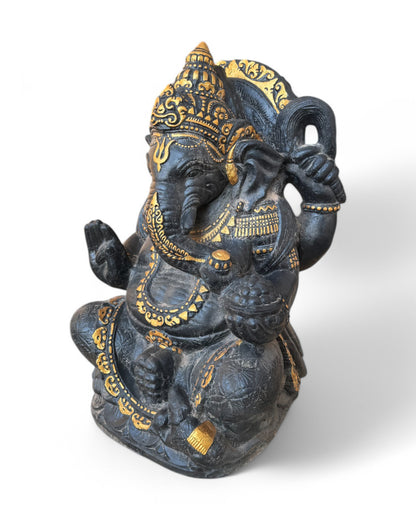 Ganesha Skulptur - Deko Garten Statue - Hindu Gottheit des Glückes - Betonguss Elefant Schwarz Gold - 80x50x41 cm