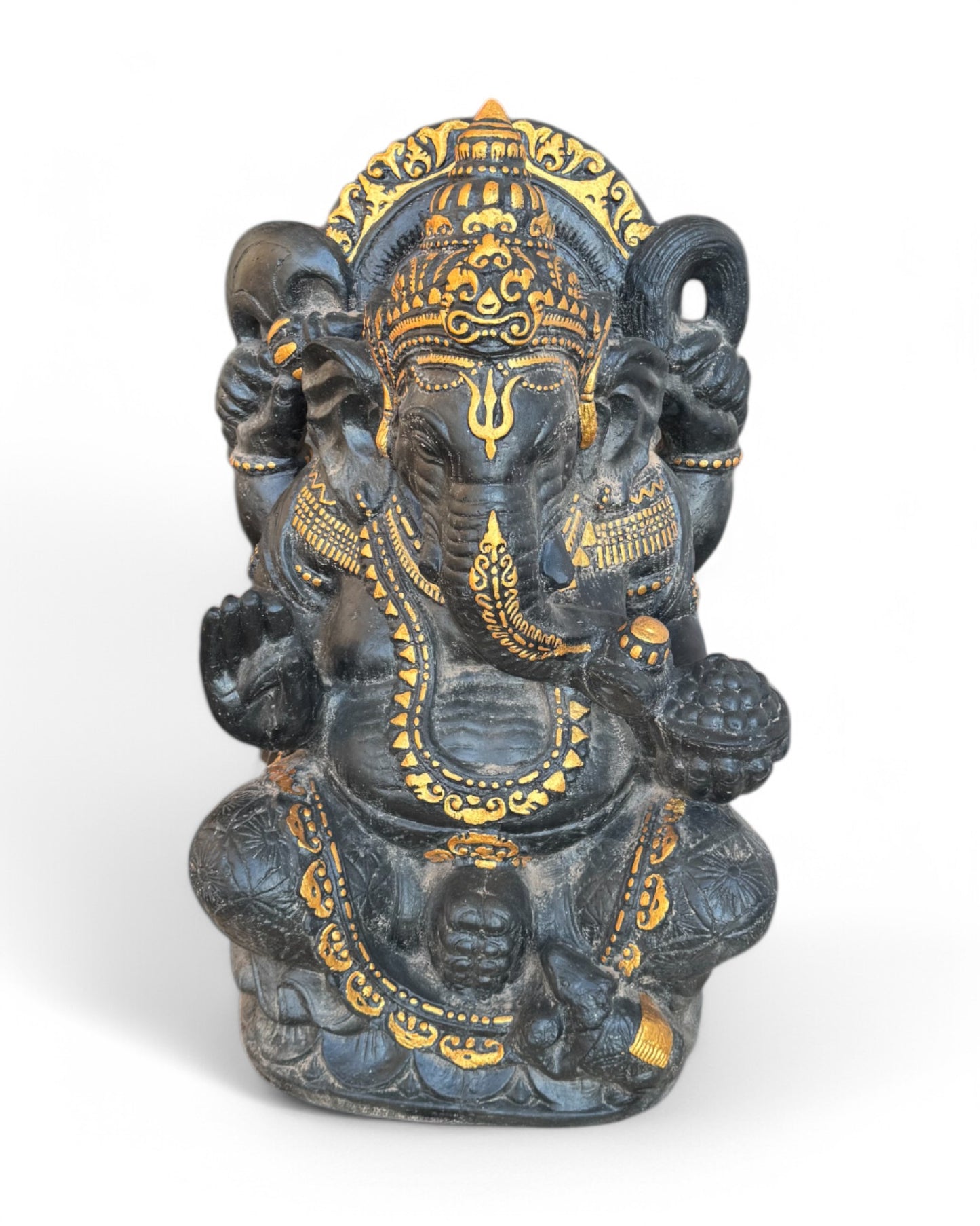 Ganesha Skulptur - Deko Garten Statue - Hindu Gottheit des Glückes - Betonguss Elefant Schwarz Gold - 80x50x41 cm