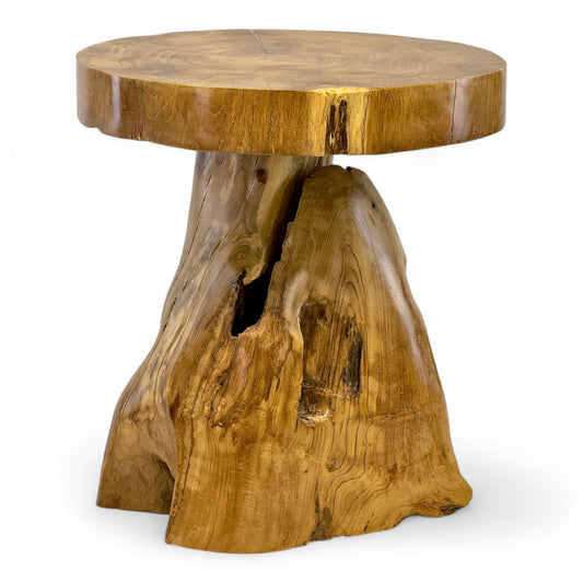 Holzhocker – Beistelltisch Blumenhocker Ablagetisch – Handgefertigt – Natürliche Form aus massivem Teakholz – 45x40x40 cm