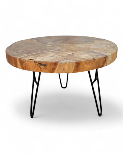 Round side table made of wood and metal: natural style meets modern design