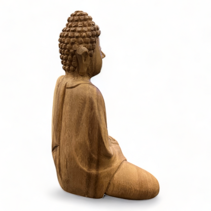 Buddha Statue - Deko Raumdeko Kunstwerk - Handgeschnitzt - Teakholz Natur - 15x12x8 cm
