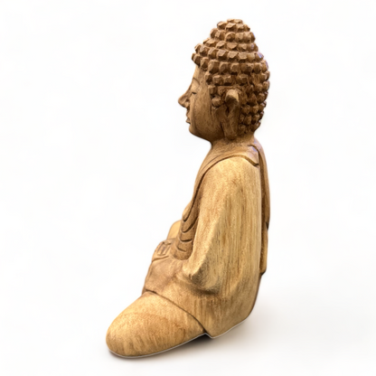 Buddha Statue - Deko Raumdeko Kunstwerk - Handgeschnitzt - Teakholz Natur - 15x12x8 cm