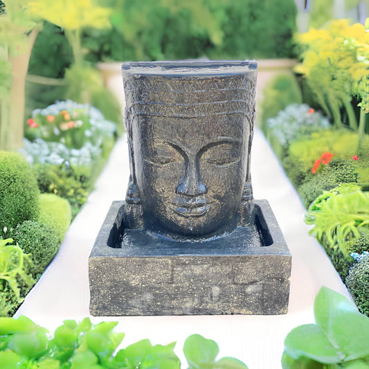 Khmer Kopf Springbrunnen - Garten Deko Wasserfall - Wetterfest - Steinguss Buddha Wasserspiel -  30x19x21 cm