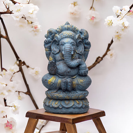 Ganesha Skulptur - Deko Raumdeko Kunstwerk - Elefantenkopf Hindu Glücksbringer Statue - Stein Figur Blau - 34 cm