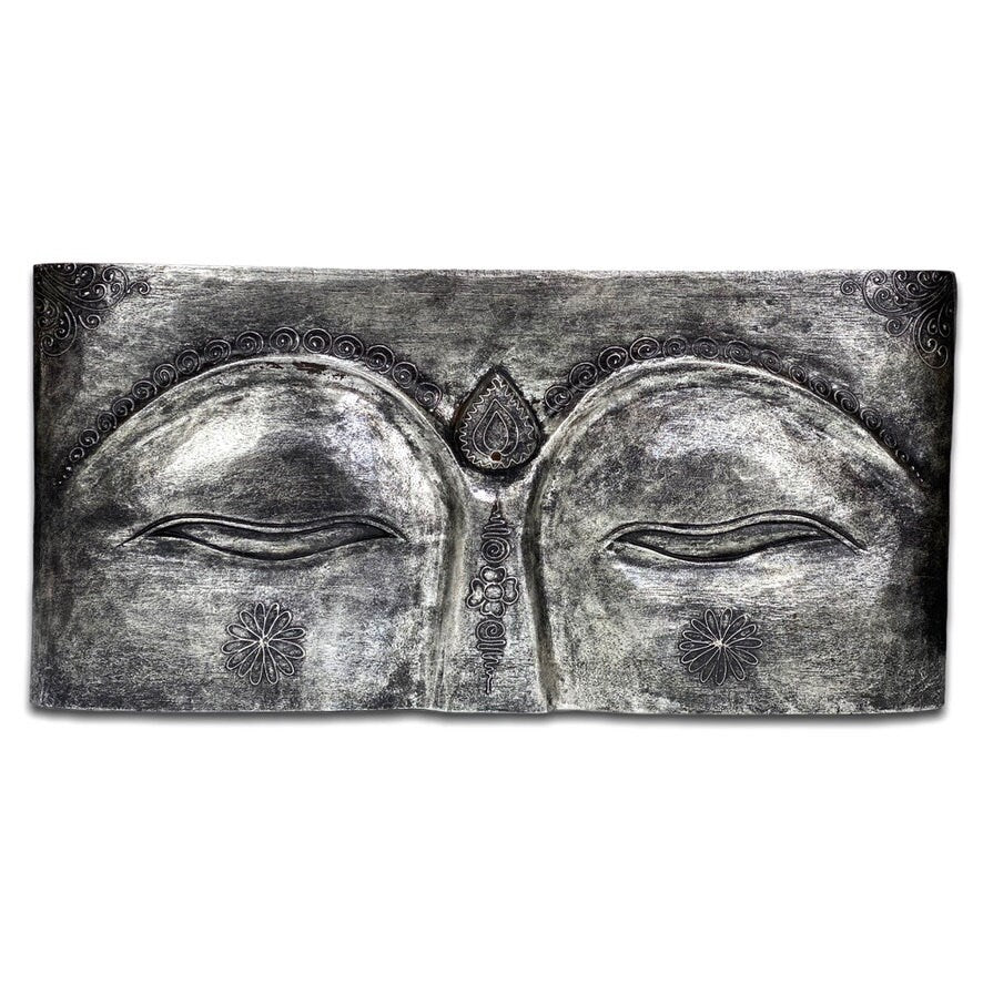 Buddha Relief Wandbild Augen 78x40x4 cm Holz Silber